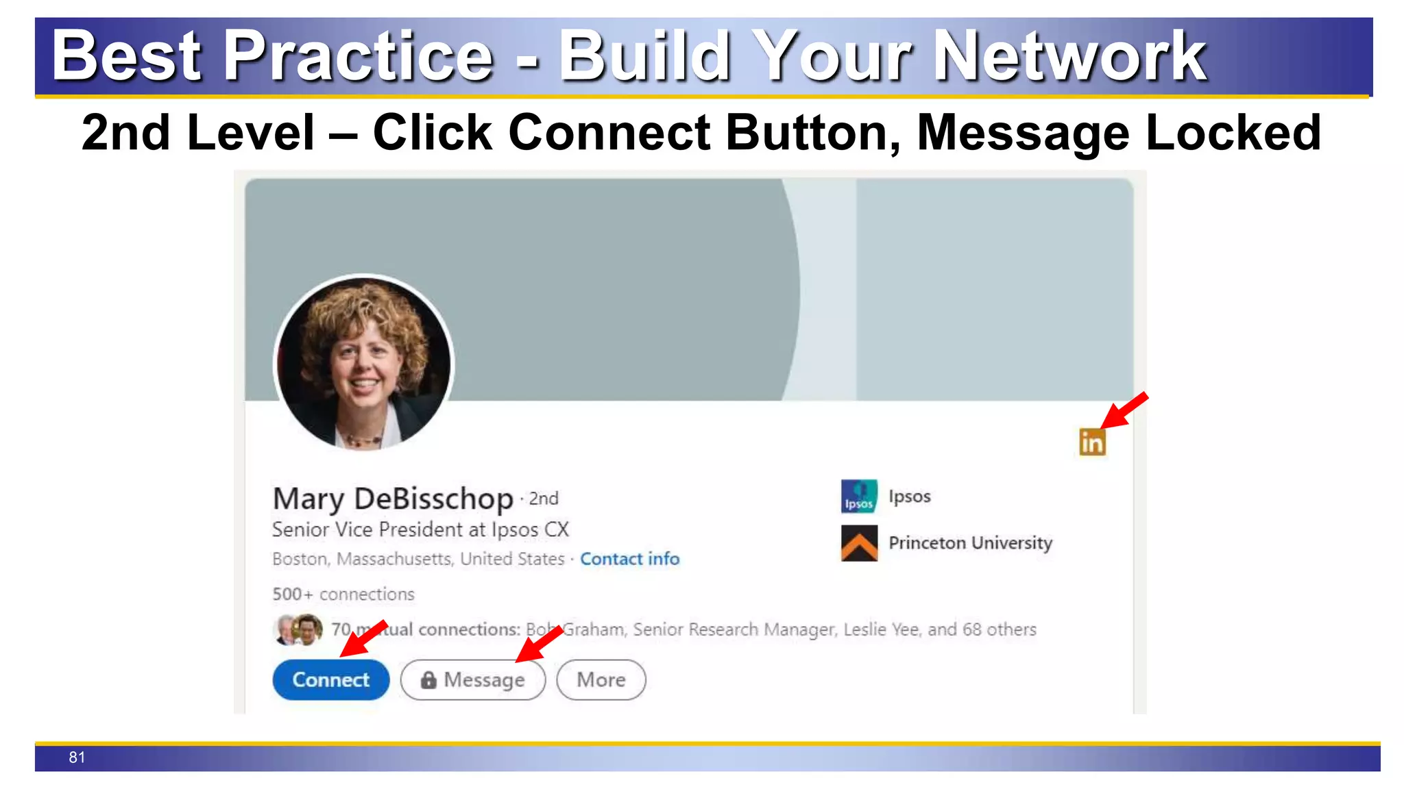 81
2nd Level – Click Connect Button, Message Locked
Best Practice - Build Your Network
 