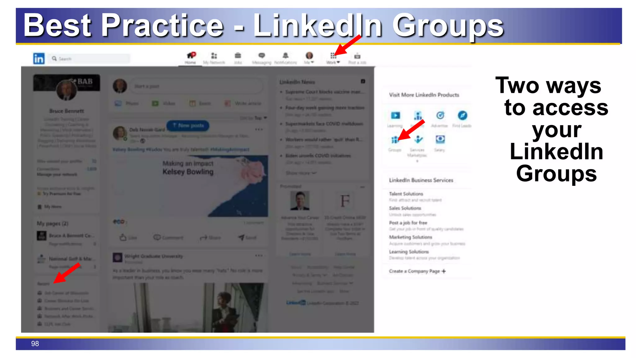 98
Best Practice - LinkedIn Groups
Two ways
to access
your
LinkedIn
Groups
 
