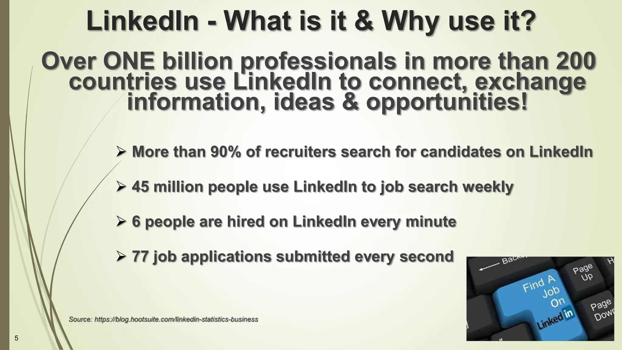 5
LinkedIn - What is it & Why use it?
Over ONE billion professionals in more than 200
countries use LinkedIn to connect, exchange
information, ideas & opportunities!
 More than 90% of recruiters search for candidates on LinkedIn
 45 million people use LinkedIn to job search weekly
 6 people are hired on LinkedIn every minute
 77 job applications submitted every second
Source: https://blog.hootsuite.com/linkedin-statistics-business
 