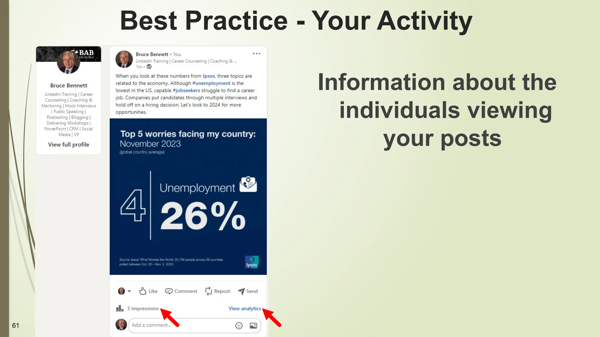 61
Information about the
individuals viewing
your posts
Best Practice - Your Activity
 