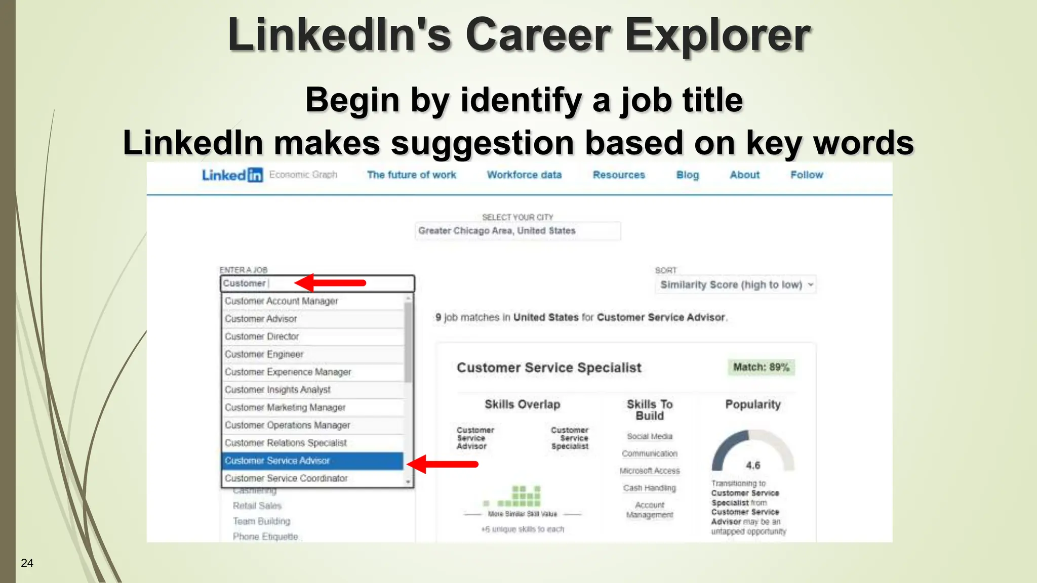 24
LinkedIn's Career Explorer
Begin by identify a job title
LinkedIn makes suggestion based on key words
 