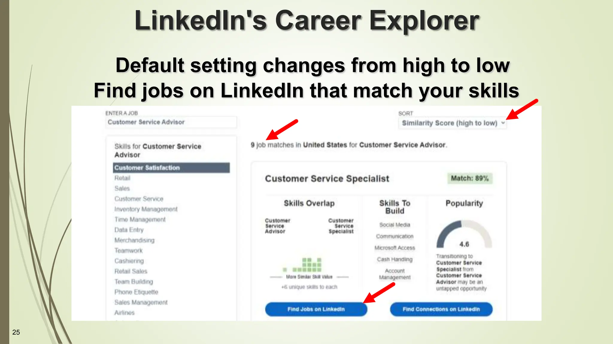 25
LinkedIn's Career Explorer
Default setting changes from high to low
Find jobs on LinkedIn that match your skills
 