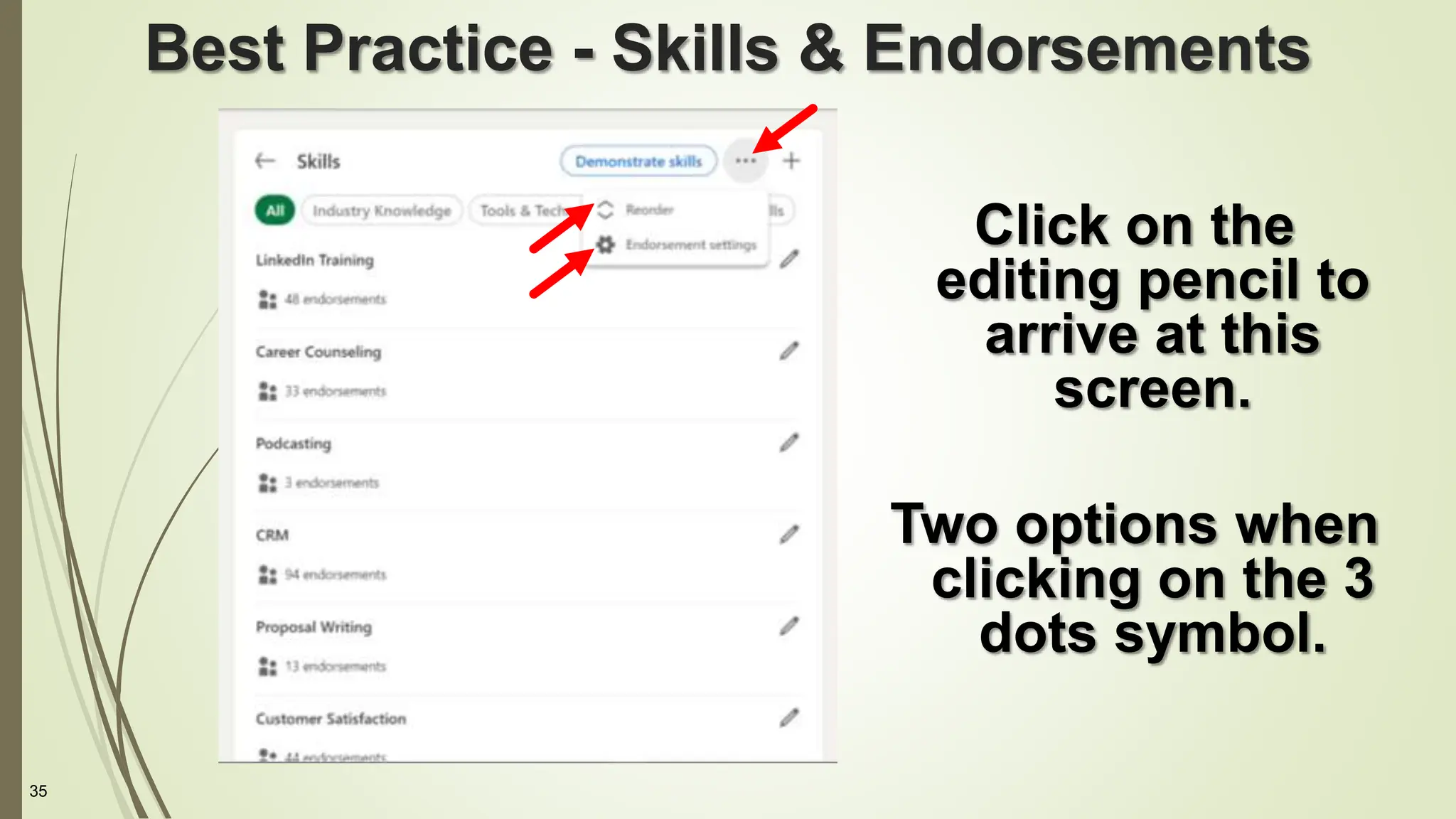 35
Best Practice - Skills & Endorsements
Click on the
editing pencil to
arrive at this
screen.
Two options when
clicking on the 3
dots symbol.
 