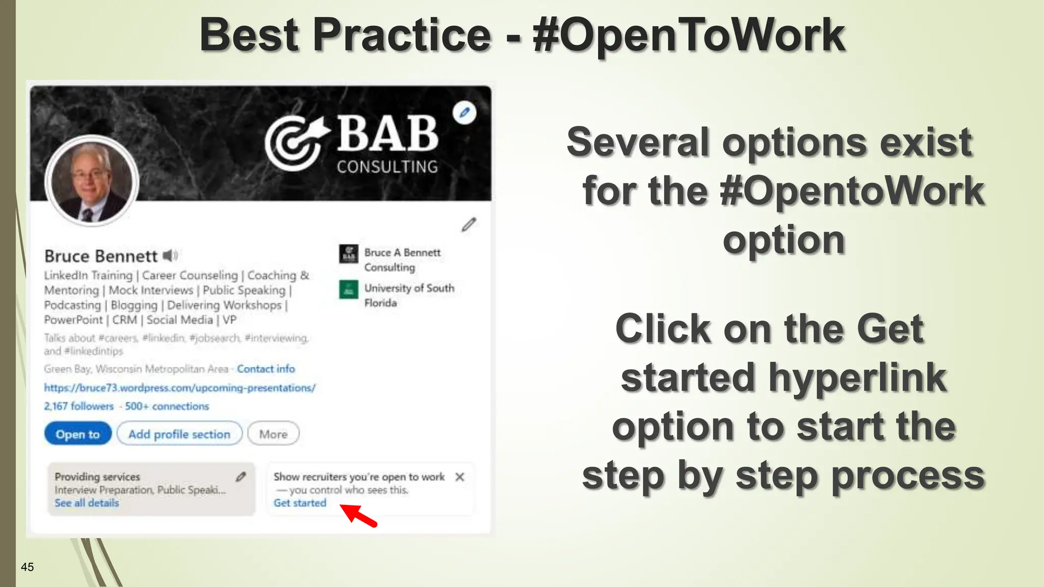45
Best Practice - #OpenToWork
Several options exist
for the #OpentoWork
option
Click on the Get
started hyperlink
option to start the
step by step process
 