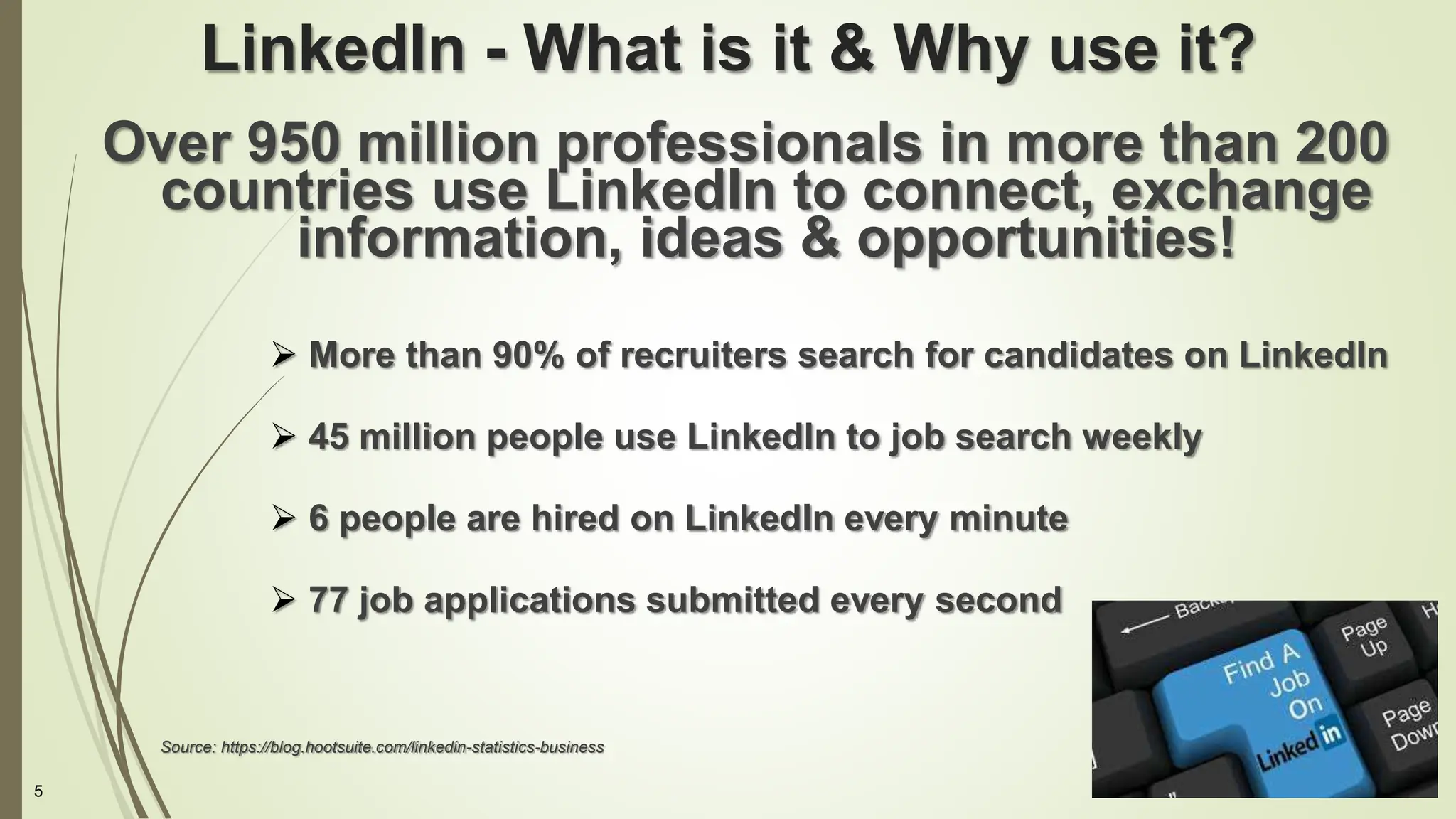 5
LinkedIn - What is it & Why use it?
Over 950 million professionals in more than 200
countries use LinkedIn to connect, exchange
information, ideas & opportunities!
 More than 90% of recruiters search for candidates on LinkedIn
 45 million people use LinkedIn to job search weekly
 6 people are hired on LinkedIn every minute
 77 job applications submitted every second
Source: https://blog.hootsuite.com/linkedin-statistics-business
 