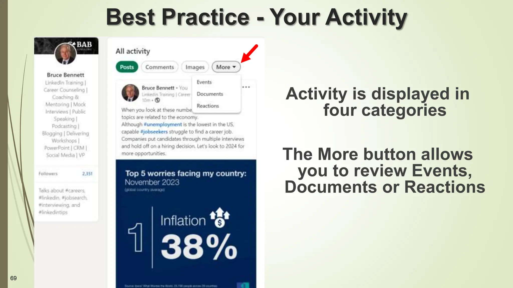 69
Best Practice - Your Activity
Activity is displayed in
four categories
The More button allows
you to review Events,
Documents or Reactions
 