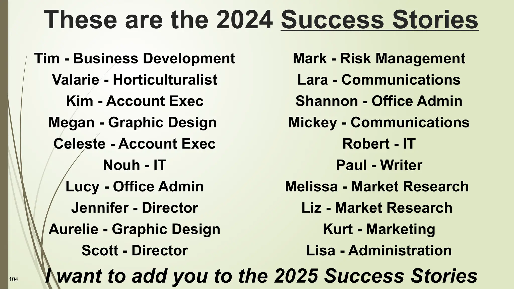 104
These are the 2024 Success Stories
Tim - Business Development
Valarie - Horticulturalist
Kim - Account Exec
Megan - Graphic Design
Celeste - Account Exec
Nouh - IT
Lucy - Office Admin
Jennifer - Director
Aurelie - Graphic Design
Scott - Director
Mark - Risk Management
Lara - Communications
Shannon - Office Admin
Mickey - Communications
Robert - IT
Paul - Writer
Melissa - Market Research
Liz - Market Research
Kurt - Marketing
Lisa - Administration
I want to add you to the 2025 Success Stories
 