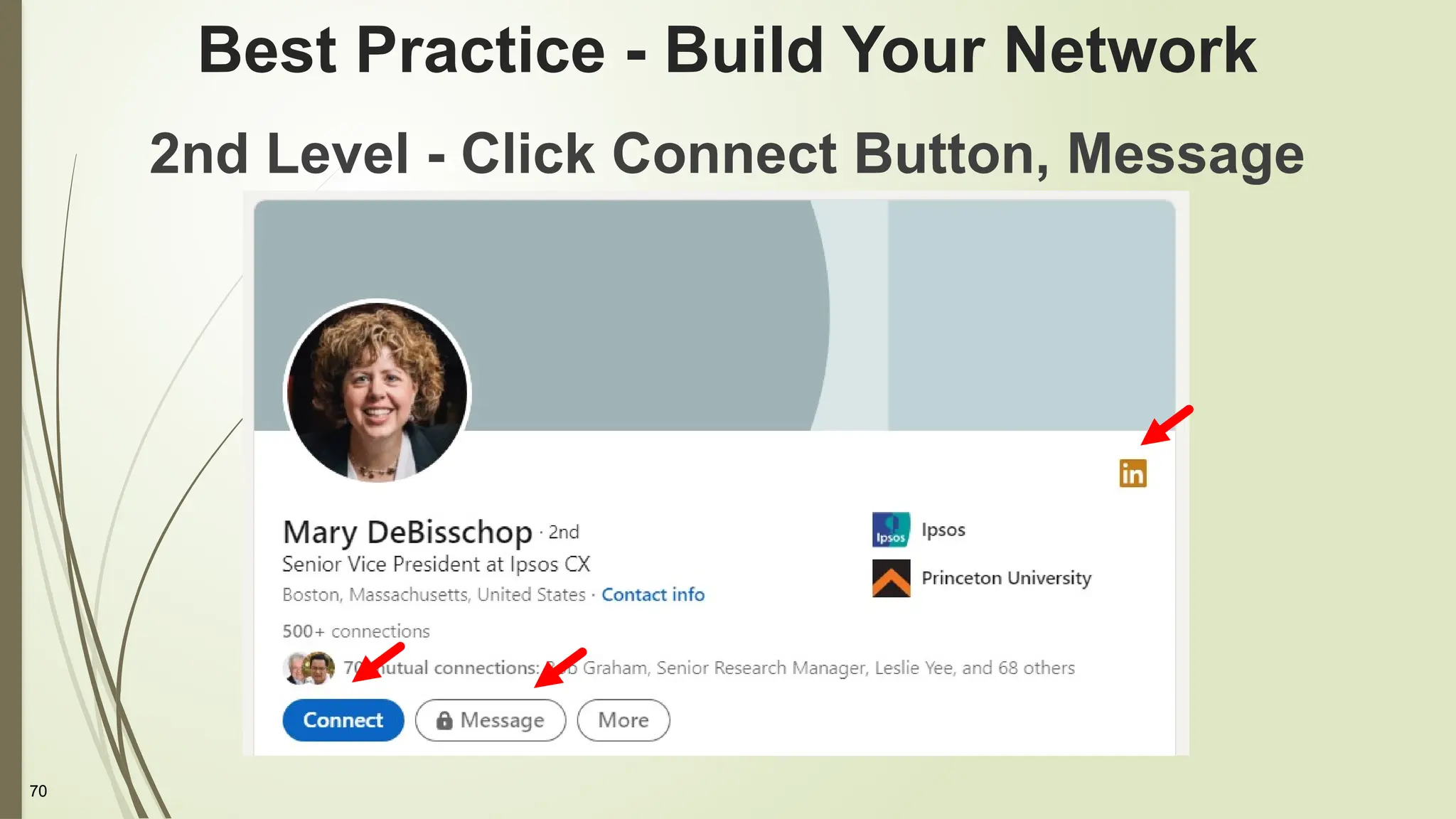 70
Best Practice - Build Your Network
2nd Level - Click Connect Button, Message
Locked
 