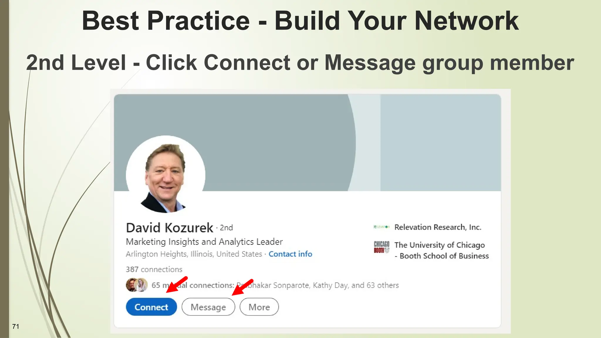 71
Best Practice - Build Your Network
2nd Level - Click Connect or Message group member
 