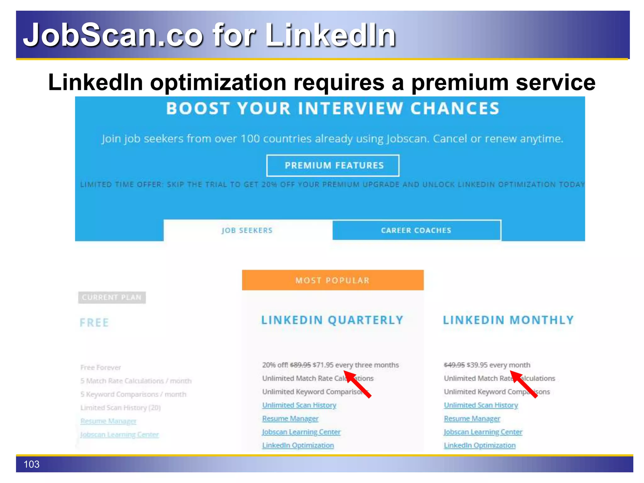 103
JobScan.co for LinkedIn
LinkedIn optimization requires a premium service
 