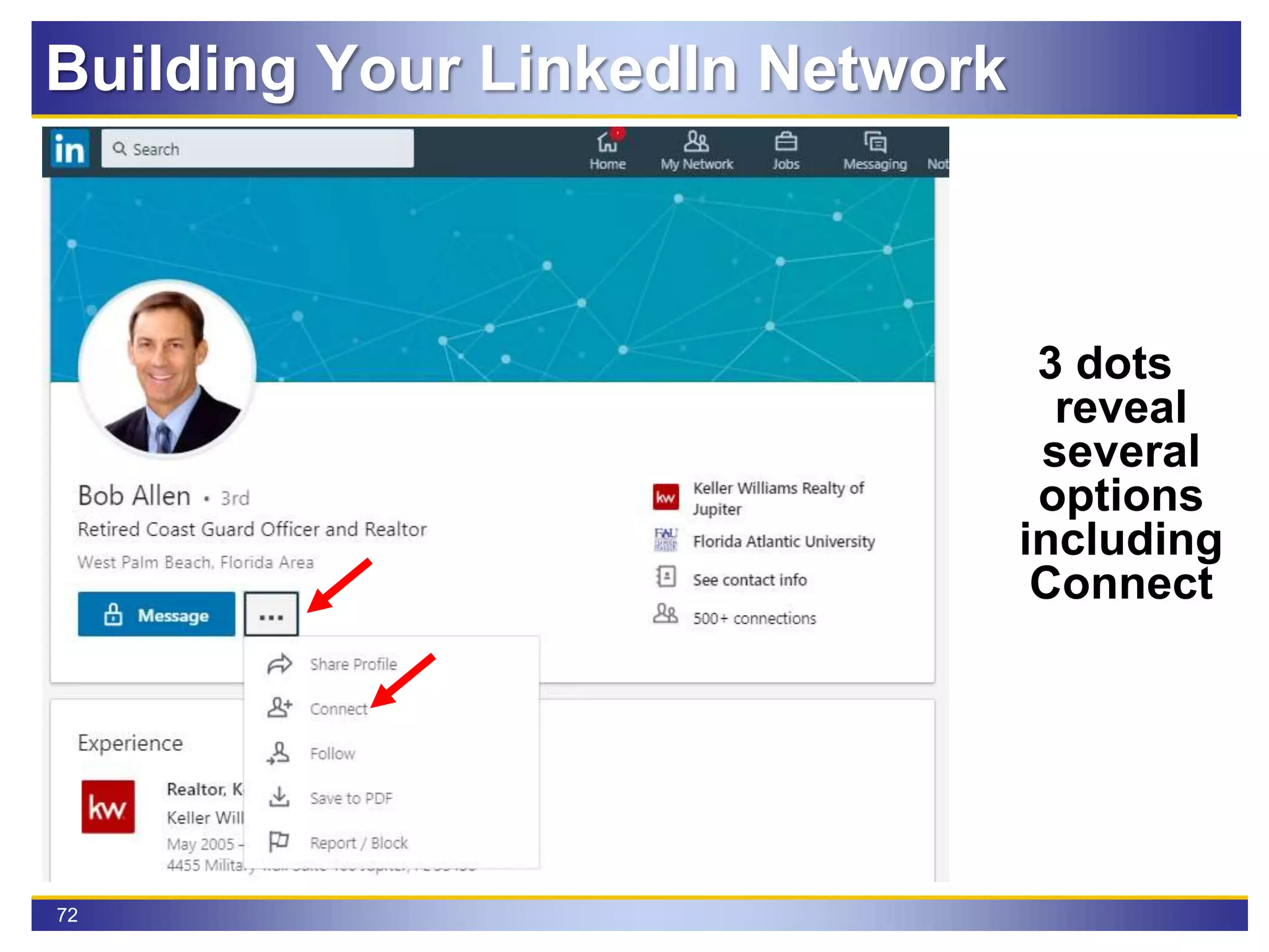 72
3 dots
reveal
several
options
including
Connect
Building Your LinkedIn Network
 