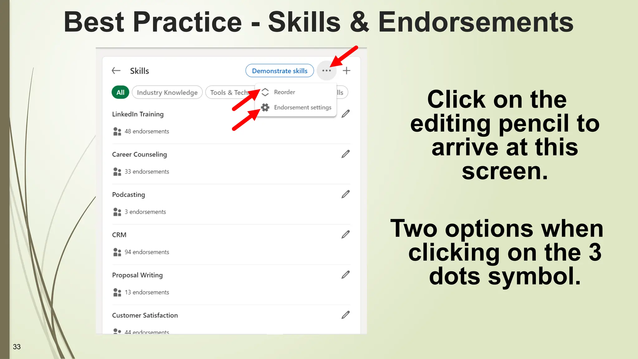 33
Best Practice - Skills & Endorsements
Click on the
editing pencil to
arrive at this
screen.
Two options when
clicking on the 3
dots symbol.
 