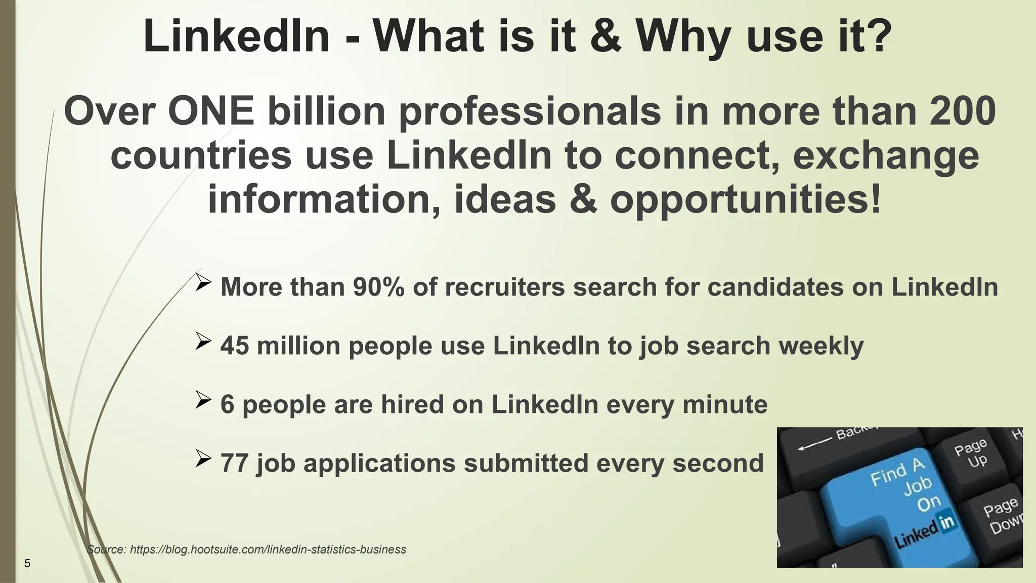 5
LinkedIn - What is it & Why use it?
Over ONE billion professionals in more than 200
countries use LinkedIn to connect, exchange
information, ideas & opportunities!
 More than 90% of recruiters search for candidates on LinkedIn
 45 million people use LinkedIn to job search weekly
 6 people are hired on LinkedIn every minute
 77 job applications submitted every second
Source: https://blog.hootsuite.com/linkedin-statistics-business
 