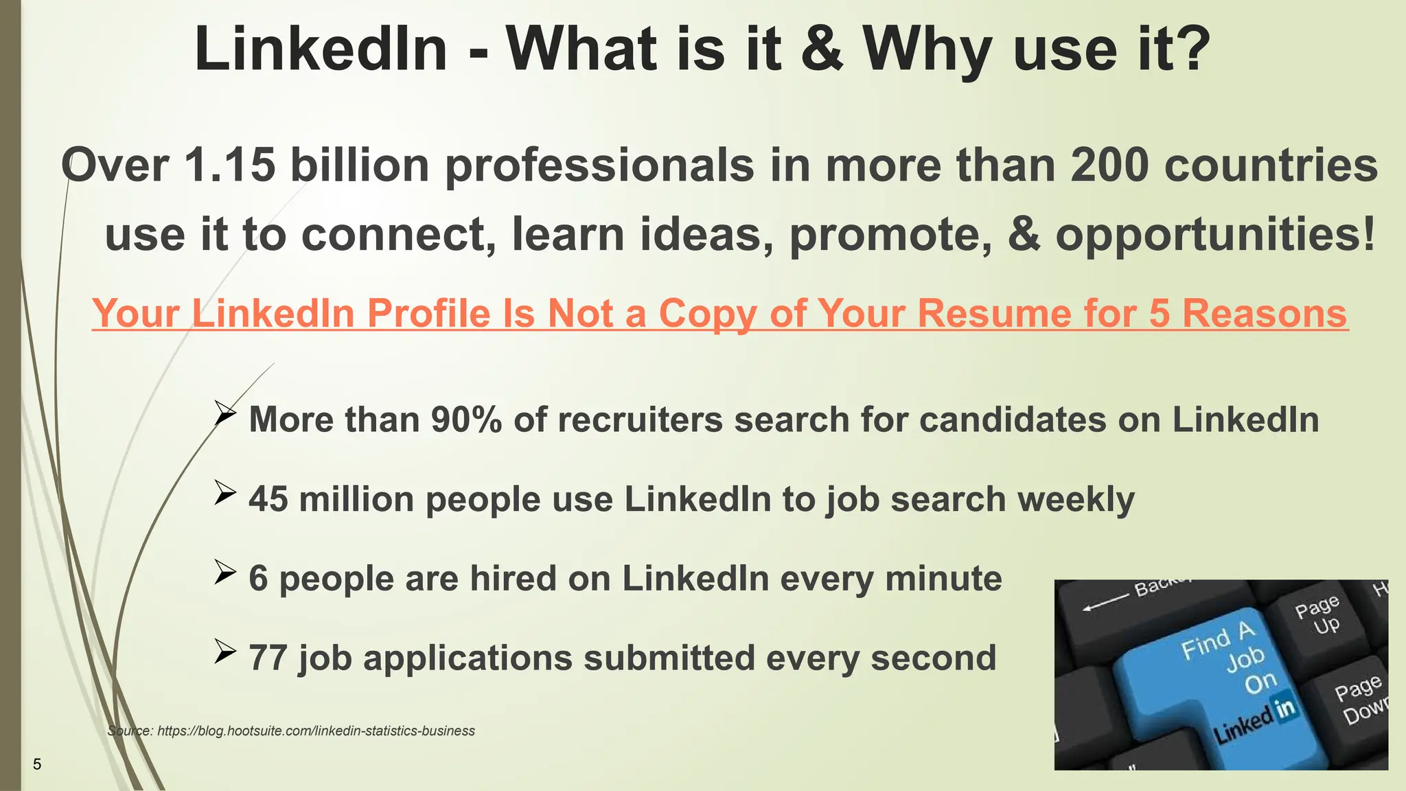 5
LinkedIn - What is it & Why use it?
Over 1.15 billion professionals in more than 200 countries
use it to connect, learn ideas, promote, & opportunities!
Your LinkedIn Profile Is Not a Copy of Your Resume for 5 Reasons
 More than 90% of recruiters search for candidates on LinkedIn
 45 million people use LinkedIn to job search weekly
 6 people are hired on LinkedIn every minute
 77 job applications submitted every second
Source: https://blog.hootsuite.com/linkedin-statistics-business
 