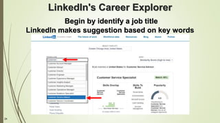24
LinkedIn's Career Explorer
Begin by identify a job title
LinkedIn makes suggestion based on key words
 