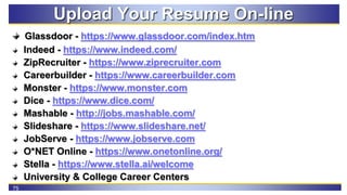 75
Upload Your Resume On-line
Glassdoor - https://www.glassdoor.com/index.htm
Indeed - https://www.indeed.com/
ZipRecruite...