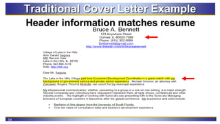 54
Traditional Cover Letter Example
Header information matches resume
 
