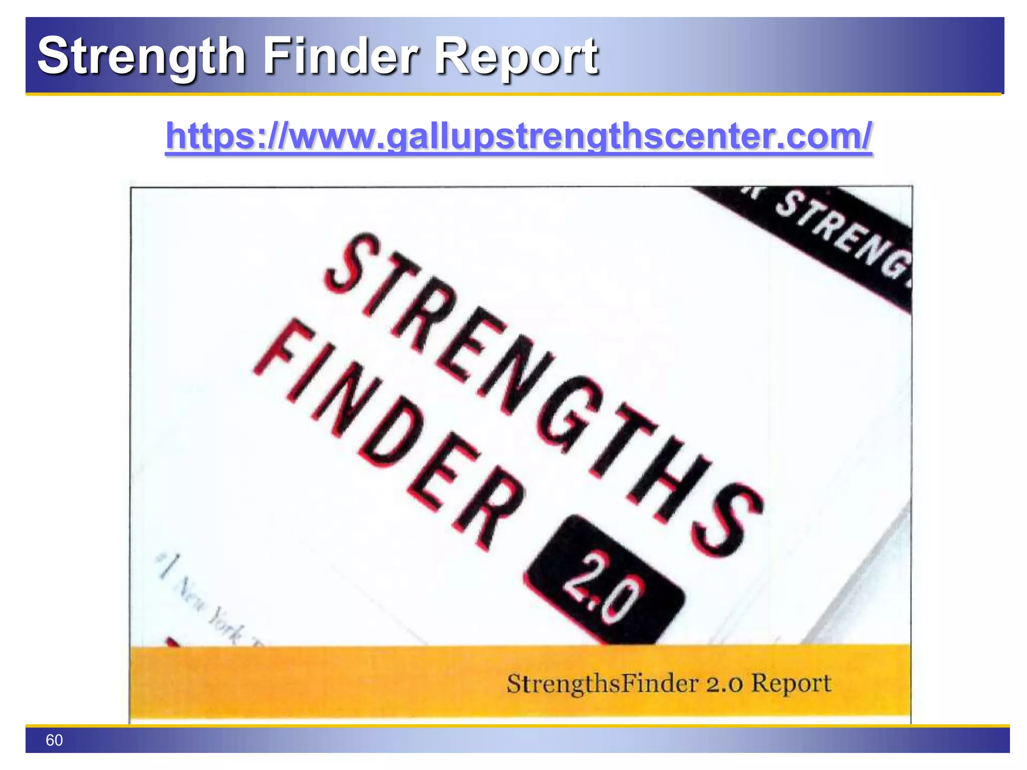 60
Strength Finder Report
https://www.gallupstrengthscenter.com/
 