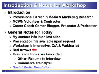 2
Introduction & Notes for Workshop
 Introduction
 Professional Career in Media & Marketing Research
 MCWN Volunteer & Contractor
 Career Coach Corner Blogger, Presenter & Podcaster
 General Notes for Today
 My contact info is on last slide
 Presentation file available upon request
 Workshop is interactive, Q/A & Parking lot
 Red Arrows
 Evaluation forms are two sided
 Other: Resume to Interview
 Comments are helpful
 Social Media Revolution
 