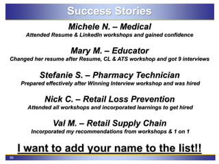 86
Success Stories
Michele N. – Medical
Attended Resume & LinkedIn workshops and gained confidence
Mary M. – Educator
Changed her resume after Resume, CL & ATS workshop and got 9 interviews
Stefanie S. – Pharmacy Technician
Prepared effectively after Winning Interview workshop and was hired
Nick C. – Retail Loss Prevention
Attended all workshops and incorporated learnings to get hired
Val M. – Retail Supply Chain
Incorporated my recommendations from workshops & 1 on 1
I want to add your name to the list!!
 