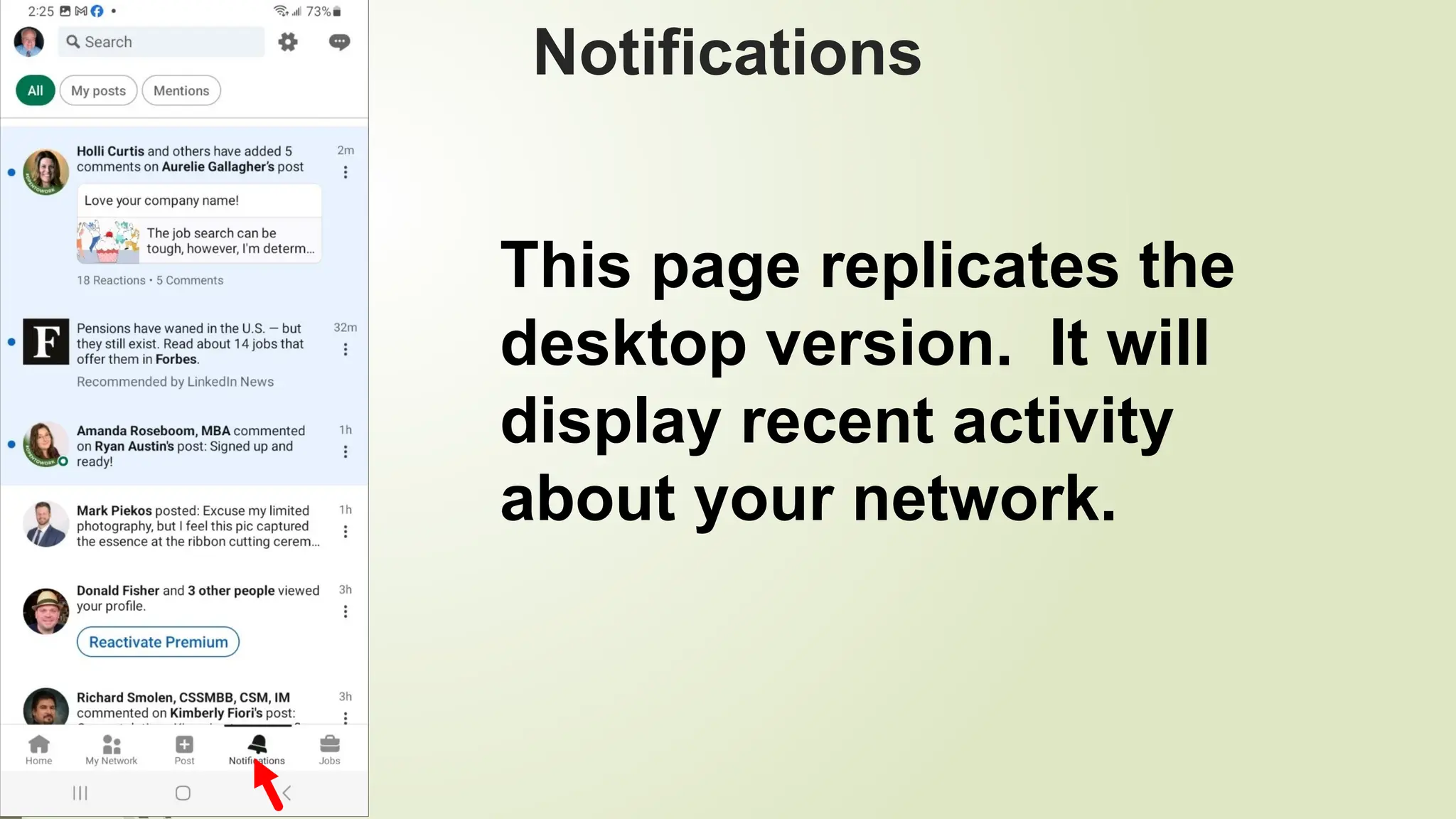 101
Notifications
This page replicates the
desktop version. It will
display recent activity
about your network.
 
