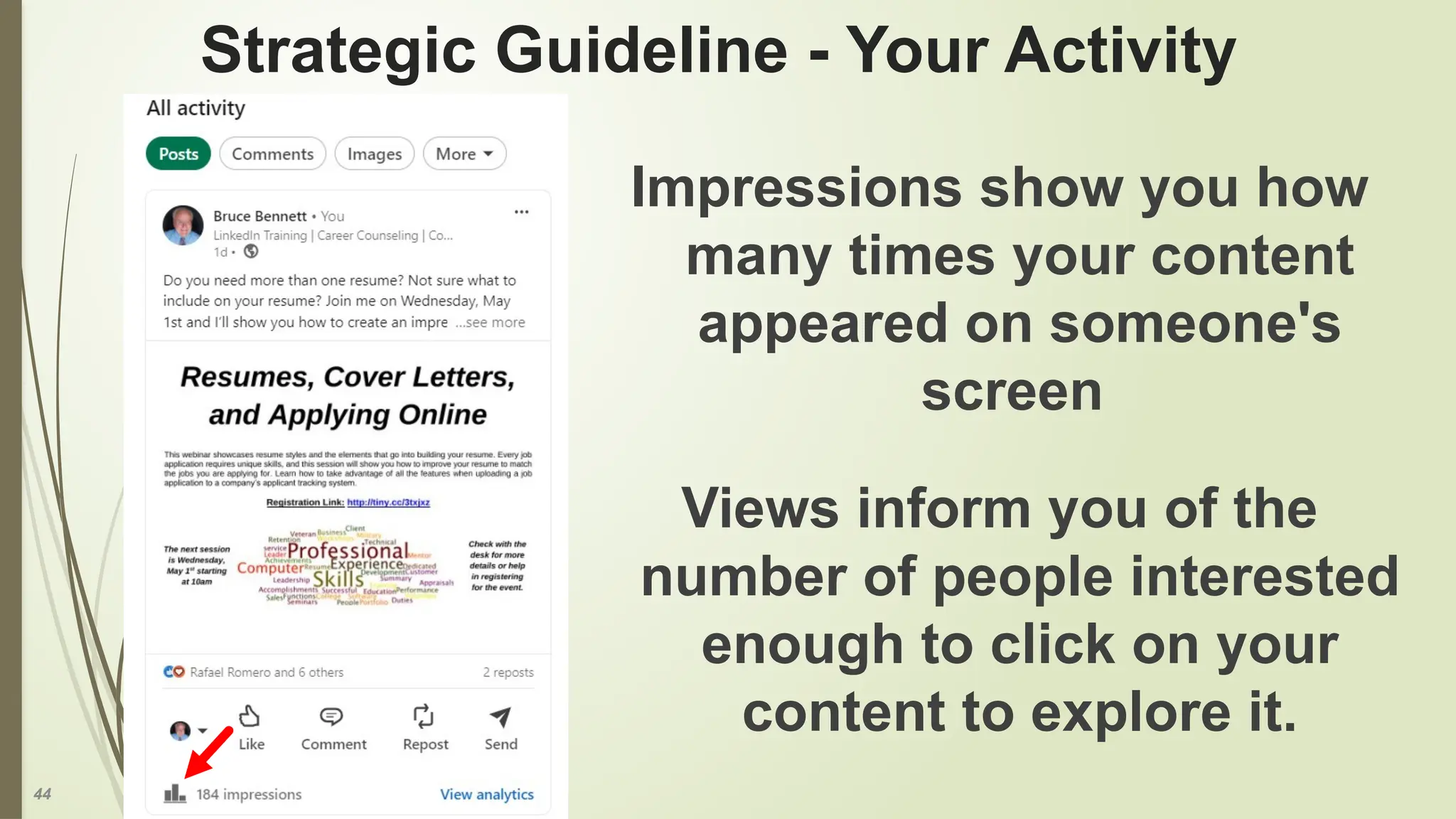 44
Strategic Guideline - Your Activity
Impressions show you how
many times your content
appeared on someone's
screen
Views inform you of the
number of people interested
enough to click on your
content to explore it.
 