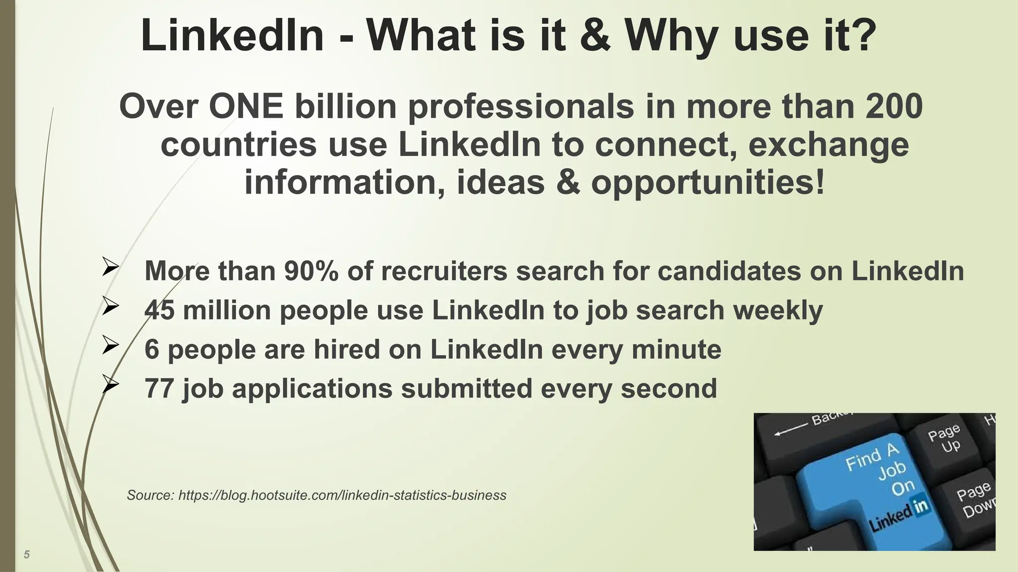 5
LinkedIn - What is it & Why use it?
Over ONE billion professionals in more than 200
countries use LinkedIn to connect, exchange
information, ideas & opportunities!
 More than 90% of recruiters search for candidates on LinkedIn
 45 million people use LinkedIn to job search weekly
 6 people are hired on LinkedIn every minute
 77 job applications submitted every second
Source: https://blog.hootsuite.com/linkedin-statistics-business
 