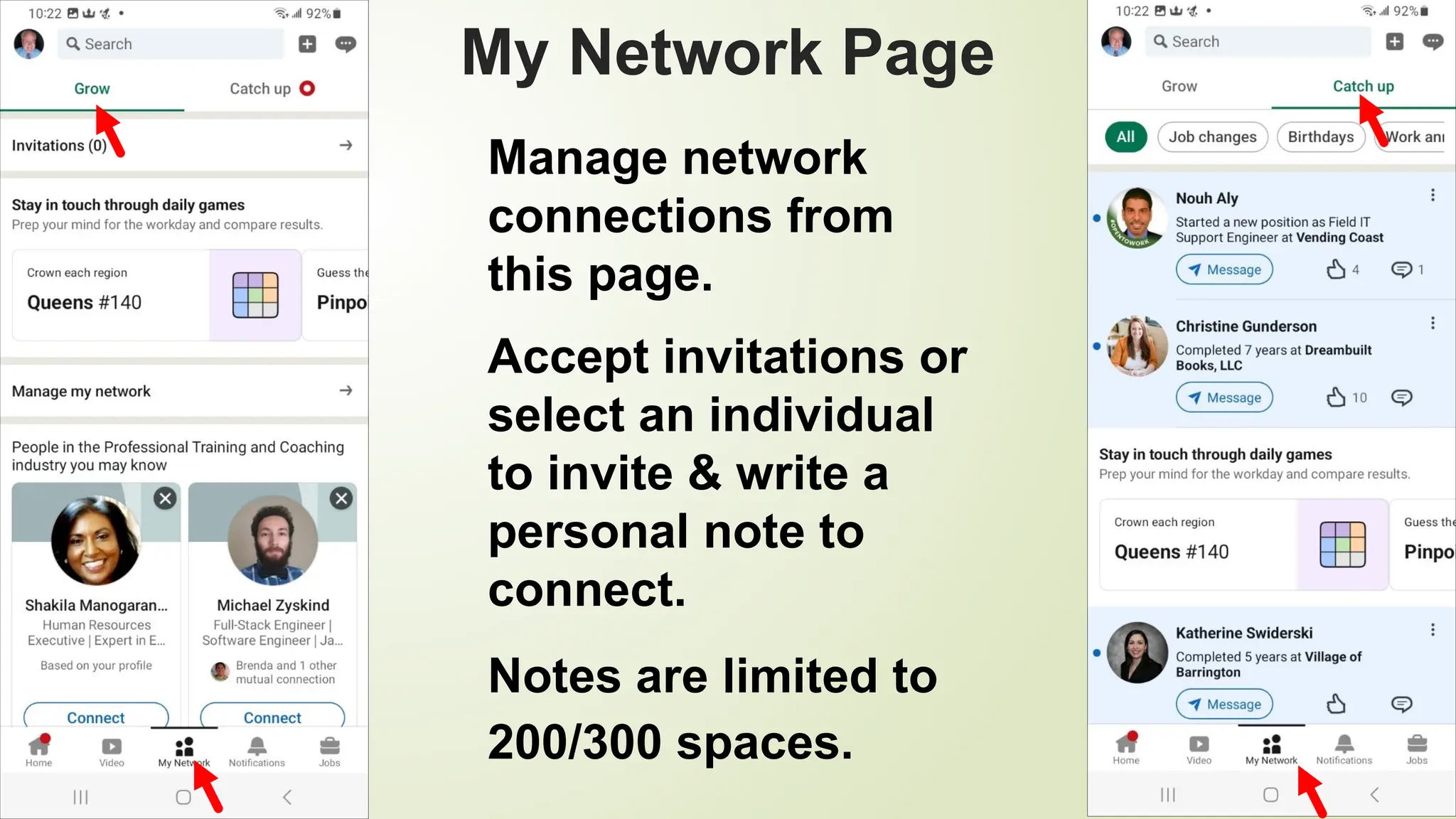 95
My Network Page
Manage network
connections from
this page.
Accept invitations or
select an individual
to invite & write a
personal note to
connect.
Notes are limited to
200/300 spaces.
 