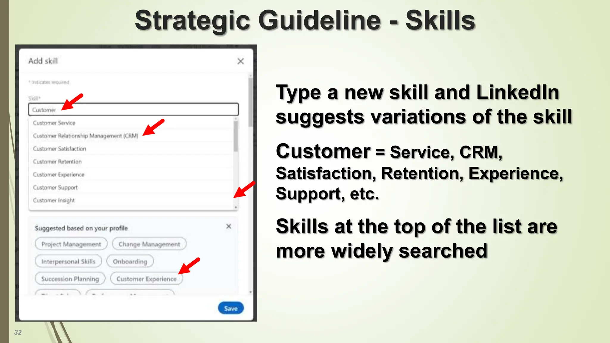 32
Strategic Guideline - Skills
Type a new skill and LinkedIn
suggests variations of the skill
Customer = Service, CRM,
Satisfaction, Retention, Experience,
Support, etc.
Skills at the top of the list are
more widely searched
 
