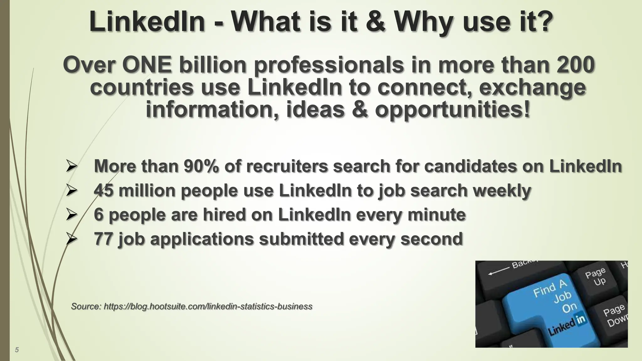 5
LinkedIn - What is it & Why use it?
Over ONE billion professionals in more than 200
countries use LinkedIn to connect, exchange
information, ideas & opportunities!
 More than 90% of recruiters search for candidates on LinkedIn
 45 million people use LinkedIn to job search weekly
 6 people are hired on LinkedIn every minute
 77 job applications submitted every second
Source: https://blog.hootsuite.com/linkedin-statistics-business
 