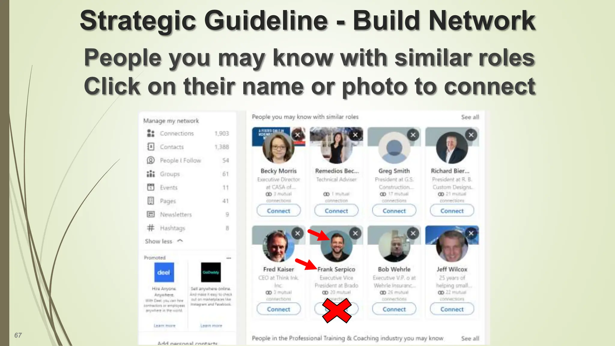 67
Strategic Guideline - Build Network
People you may know with similar roles
Click on their name or photo to connect
 