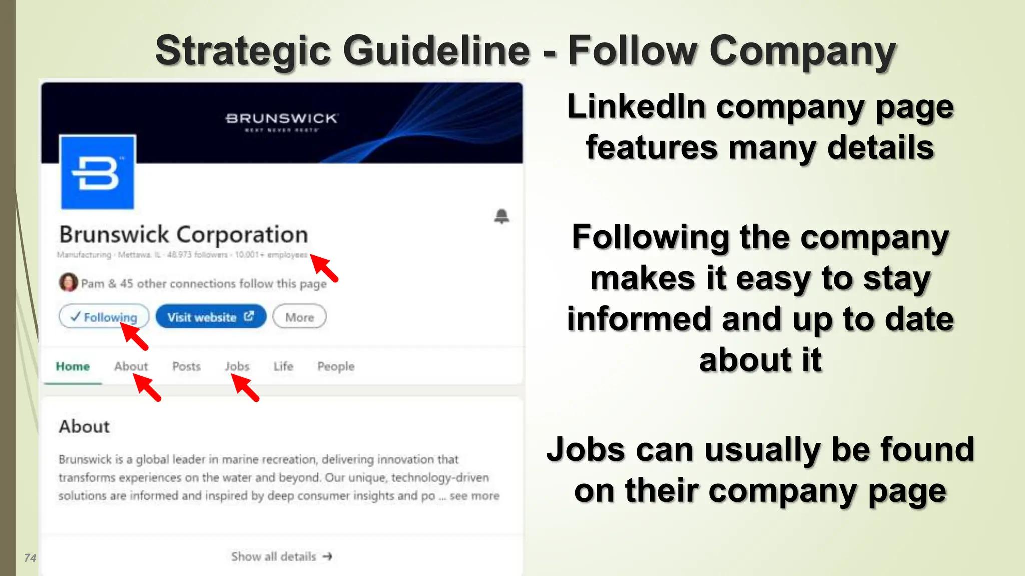 74
Strategic Guideline - Follow Company
LinkedIn company page
features many details
Following the company
makes it easy to stay
informed and up to date
about it
Jobs can usually be found
on their company page
 