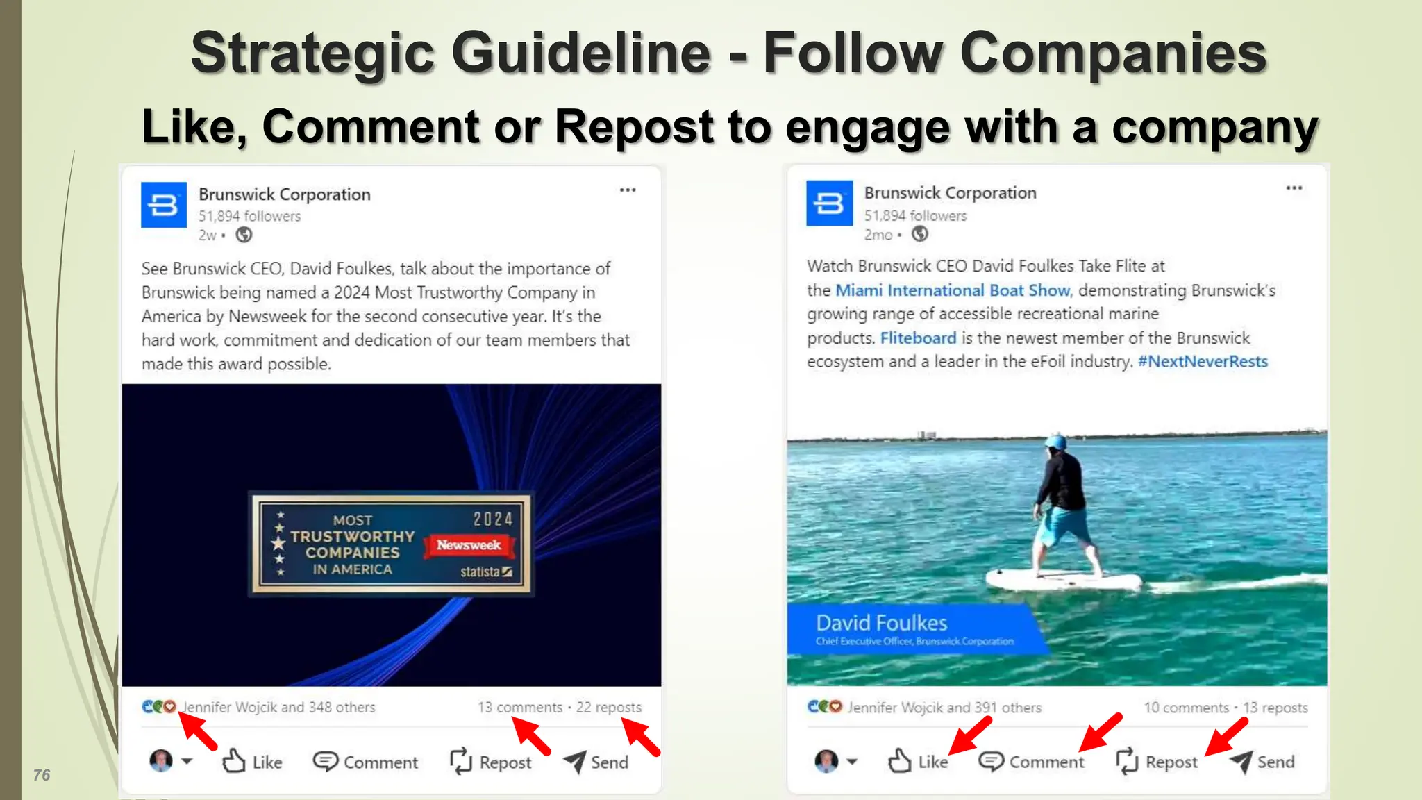 76
Strategic Guideline - Follow Companies
Like, Comment or Repost to engage with a company
 