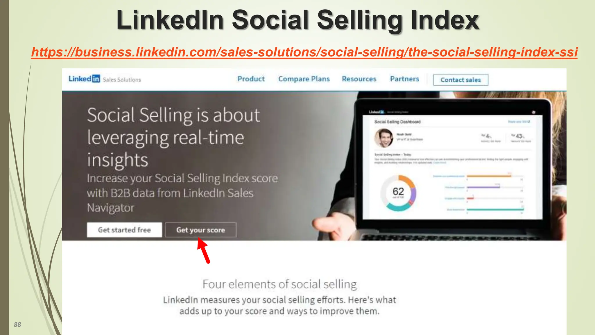 88
LinkedIn Social Selling Index
https://business.linkedin.com/sales-solutions/social-selling/the-social-selling-index-ssi
 