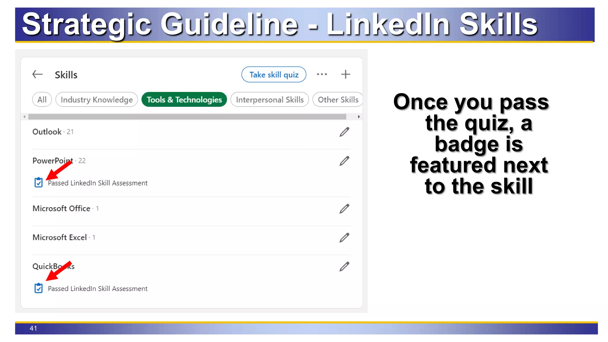 41
Strategic Guideline - LinkedIn Skills
Once you pass
the quiz, a
badge is
featured next
to the skill
 