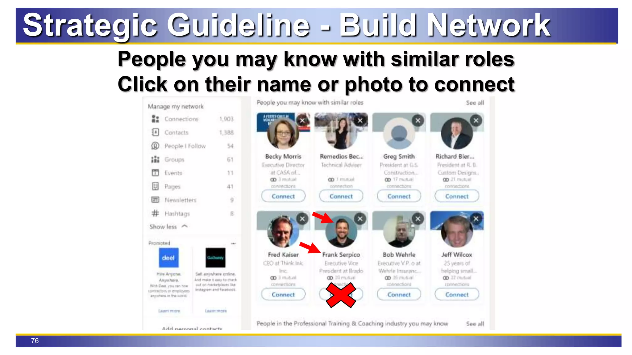 76
People you may know with similar roles
Click on their name or photo to connect
Strategic Guideline - Build Network
 