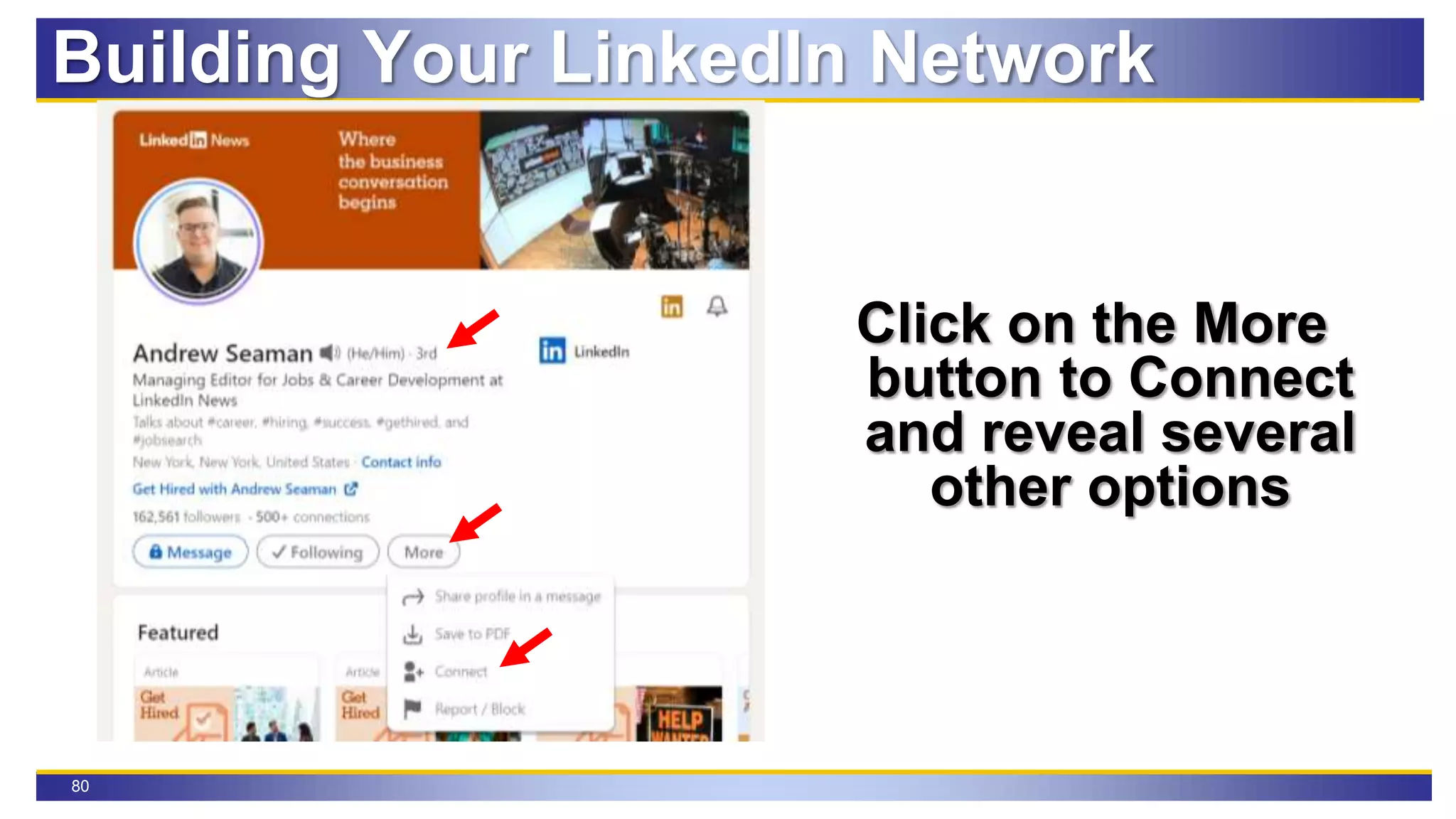 80
Click on the More
button to Connect
and reveal several
other options
Building Your LinkedIn Network
 