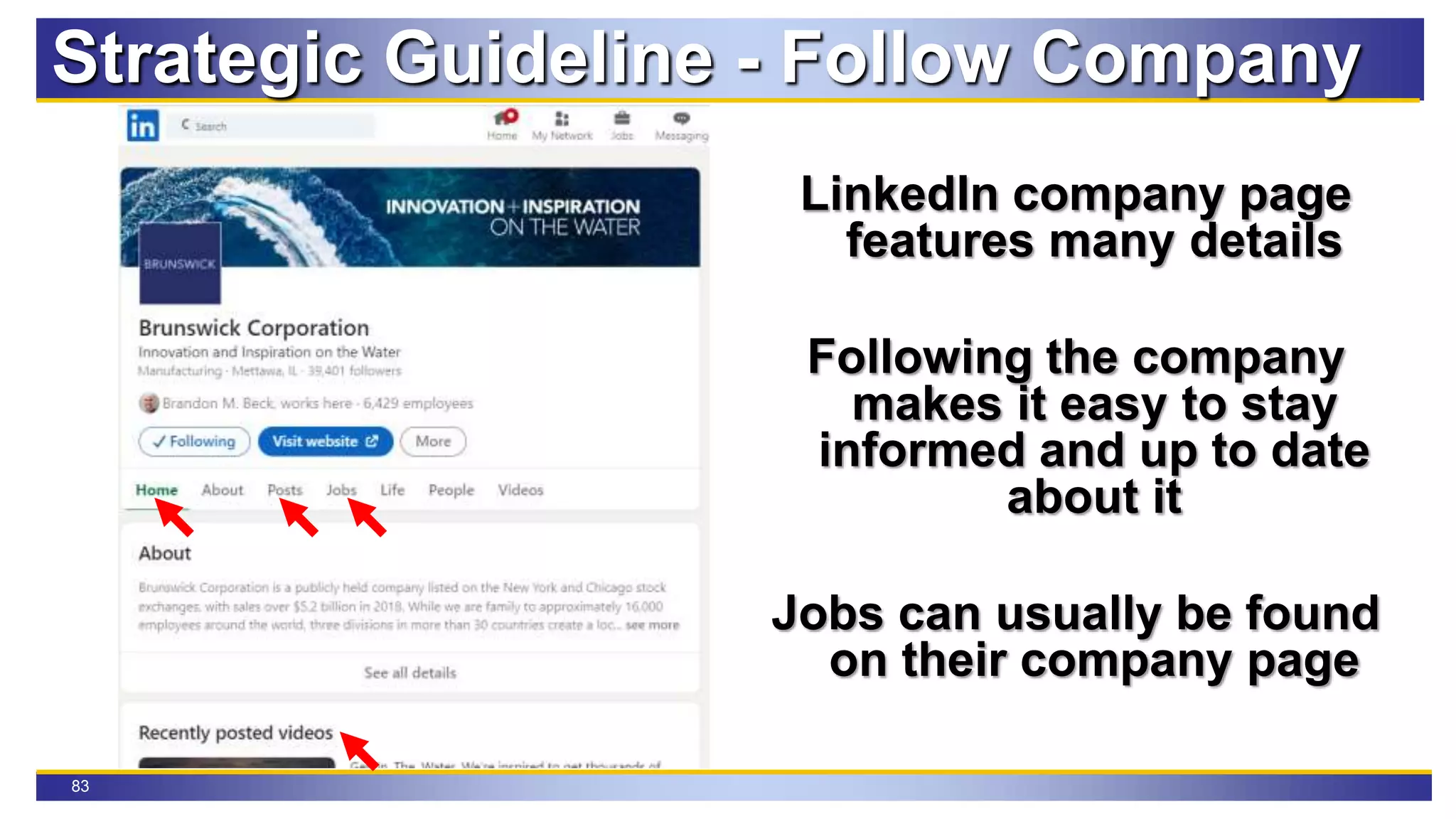 83
Strategic Guideline - Follow Company
LinkedIn company page
features many details
Following the company
makes it easy to stay
informed and up to date
about it
Jobs can usually be found
on their company page
 