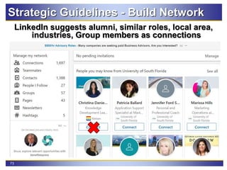 73
LinkedIn suggests alumni, similar roles, local area,
industries, Group members as connections
Strategic Guidelines - Build Network
 