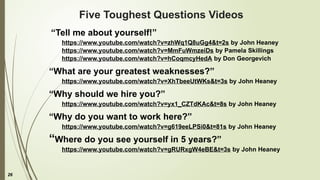 26
Five Toughest Questions Videos
“Tell me about yourself!”
https://www.youtube.com/watch?v=zhWq1Q8uGg4&t=2s by John Heaney
https://www.youtube.com/watch?v=MmFuWmzeiDs by Pamela Skillings
https://www.youtube.com/watch?v=hCoqmcyHedA by Don Georgevich
“What are your greatest weaknesses?”
https://www.youtube.com/watch?v=XhTbeeUtWKs&t=3s by John Heaney
“Why should we hire you?”
https://www.youtube.com/watch?v=yx1_CZTdKAc&t=8s by John Heaney
“Why do you want to work here?”
https://www.youtube.com/watch?v=g619eeLPSi0&t=81s by John Heaney
“Where do you see yourself in 5 years?”
https://www.youtube.com/watch?v=gRURxgW4eBE&t=3s by John Heaney
 