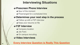 14
Interviewing Situations
Prescreen Phone Interview
Spur of the moment
Prearranged for a scheduled time
Determines your next step in the process
Follow up with a F2F interview
Keep your resume on file
F2F Interview
Company location
Job Fairs
On campus recruiting
Video Interviews
Every Interview Question is Really This Question
 