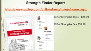 6
Strength Finder Report
https://www.gallup.com/cliftonstrengths/en/home.aspx
CliftonStrengths Top 5 - $24.99
CliftonStrengths 34 - $59.99
 