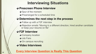 13
Interviewing Situations
Prescreen Phone Interview
Spur of the moment
Prearranged for a scheduled time
Determines the next step in the process
Follow up with a F2F interview
Rejection emails “Moving in a different direction, hired another candidate
or keep your resume on file”
F2F Interview
Company location
Job Fairs
On campus recruiting
Video Interviews
Every Interview Question is Really This Question
 