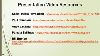 38
Presentation Video Resources
Social Media Revolution - https://www.youtube.com/watch?v=6k_G_h41ZaQ
Paul Cameron - https://www.youtube.com/watch?v=AvAHjpKR9rg
Andy LaCivita - https://www.youtube.com/watch?v=05WWE0Afz1k
Pamela Skillings - https://www.youtube.com/watch?v=mH3DaeJSwy4
Bill Burnett -
https://drive.google.com/file/d/1G3aixm2C6LHzub6wNNHy7QwbUEgrj9Rz/view?us
p=sharing
 
