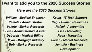 I want to add you to the 2026 Success Stories
Kevin - IT Tech Support
Regi - Human Resources
Rafael - Accounting
Lisa - Marketing
Rosa - Marketing
Susan - Market Research
Jennifer - Business
Development
William - Medical Engineer
Pamela - Administrator
Valerie - Market Research
Lisa - Administrative Assist
Deborah - Medical Billing
Olivia - Mortgage Industry
Bob - Market Research
Here are the 2025 Success Stories
 