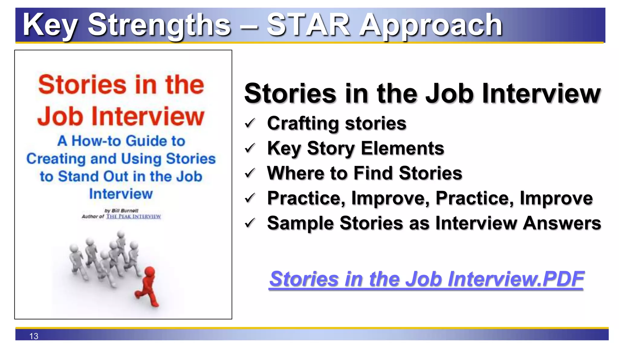 13
Key Strengths – STAR Approach
Stories in the Job Interview
 Crafting stories
 Key Story Elements
 Where to Find Stories
 Practice, Improve, Practice, Improve
 Sample Stories as Interview Answers
Stories in the Job Interview.PDF
 
