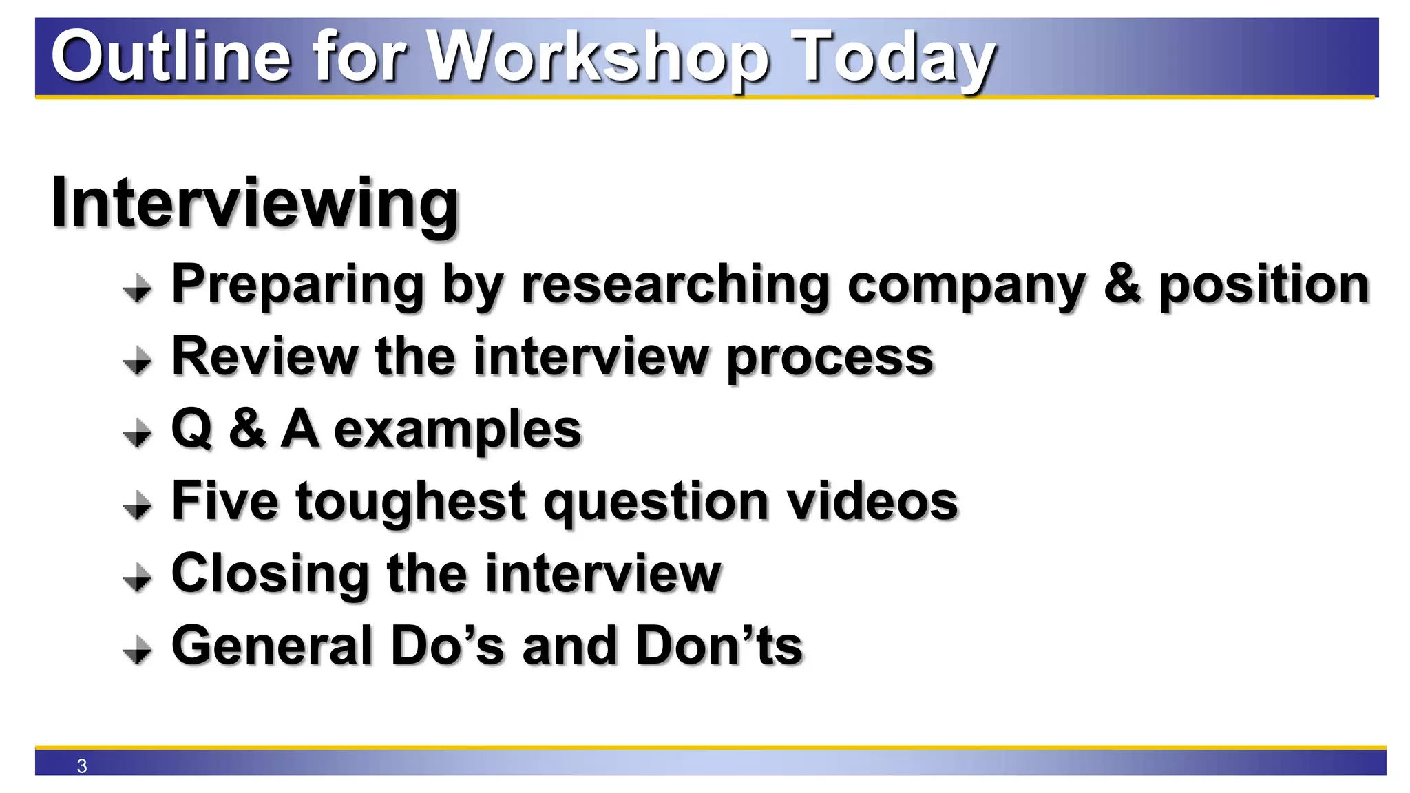 3
Outline for Workshop Today
Interviewing
Preparing by researching company & position
Review the interview process
Q & A examples
Five toughest question videos
Closing the interview
General Do’s and Don’ts
 