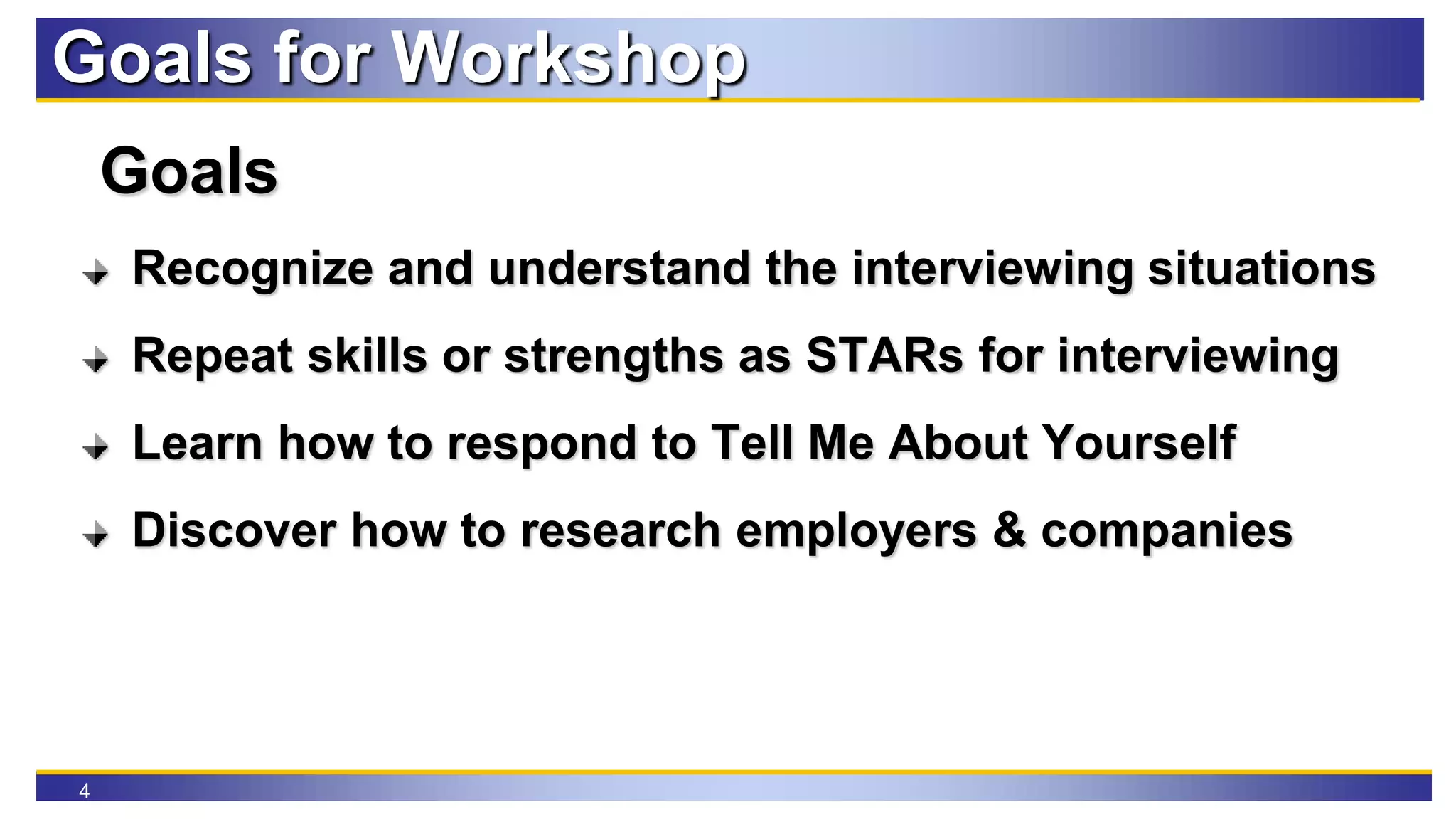 4
Goals for Workshop
Goals
Recognize and understand the interviewing situations
Repeat skills or strengths as STARs for interviewing
Learn how to respond to Tell Me About Yourself
Discover how to research employers & companies
 