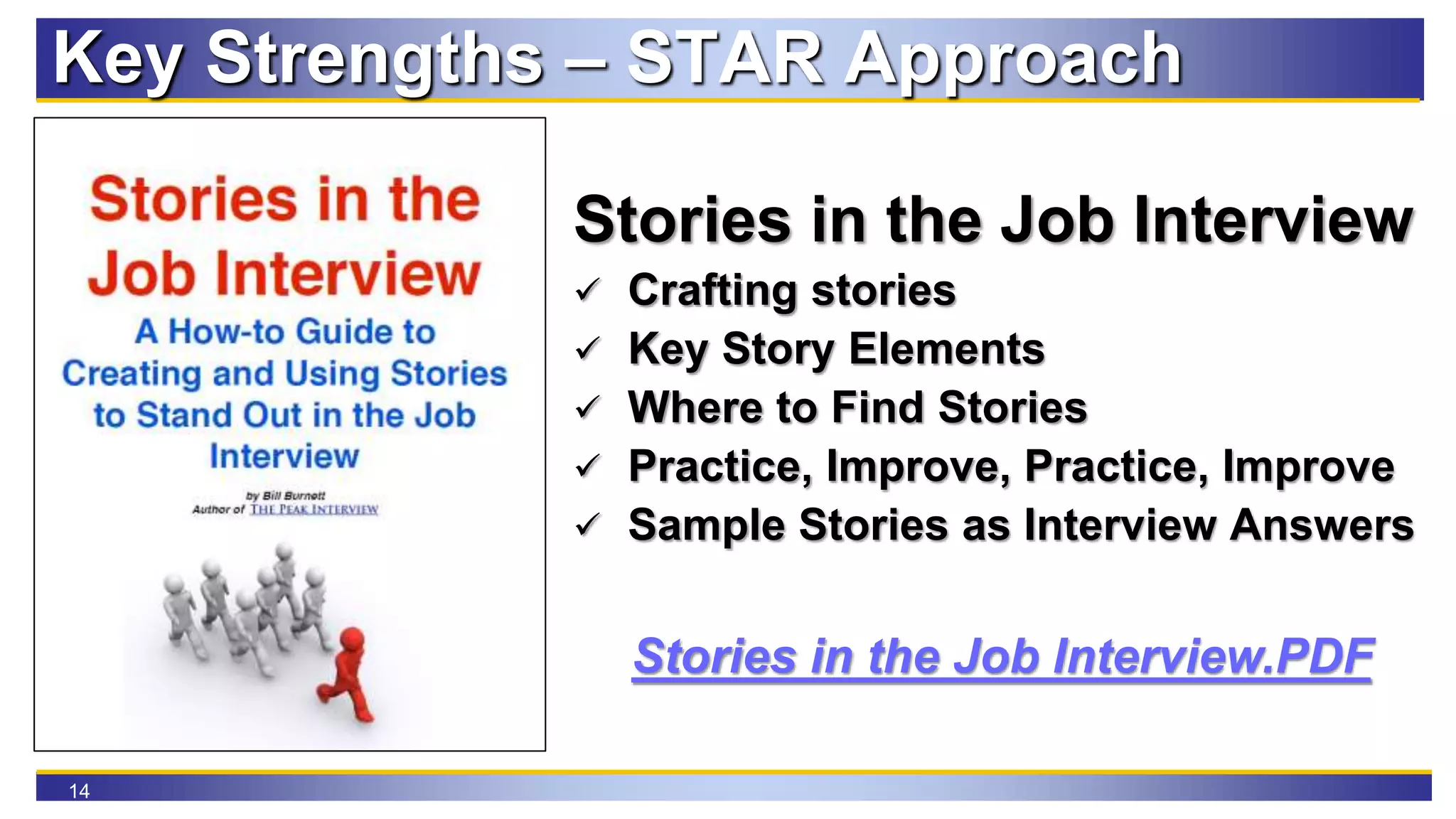 14
Key Strengths – STAR Approach
Stories in the Job Interview
 Crafting stories
 Key Story Elements
 Where to Find Stories
 Practice, Improve, Practice, Improve
 Sample Stories as Interview Answers
Stories in the Job Interview.PDF
 