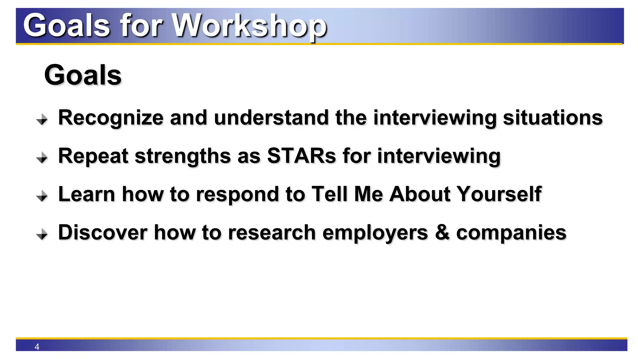 4
Goals for Workshop
Goals
Recognize and understand the interviewing situations
Repeat strengths as STARs for interviewing
Learn how to respond to Tell Me About Yourself
Discover how to research employers & companies
 